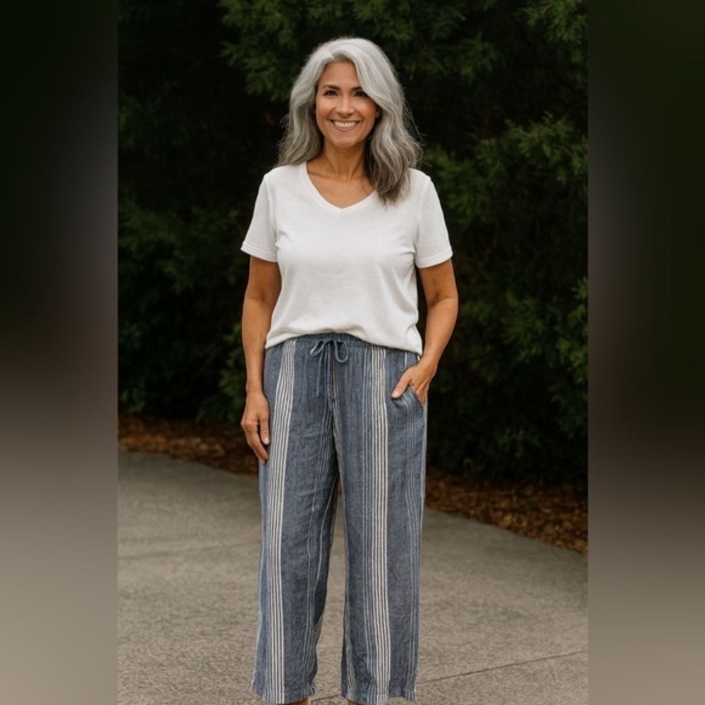 Old Navy Women's Blue White Stripe Linen Blend Flowy Wide Leg Pants EUC XL #2357
